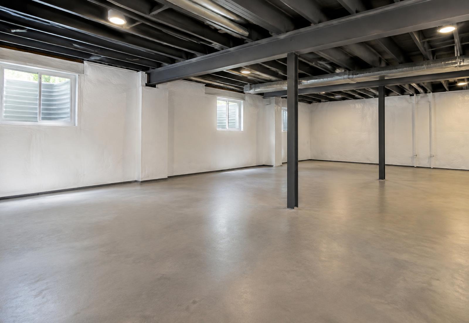 A clean, dry finished basement with sealed concrete floors and waterproofed foundation walls
